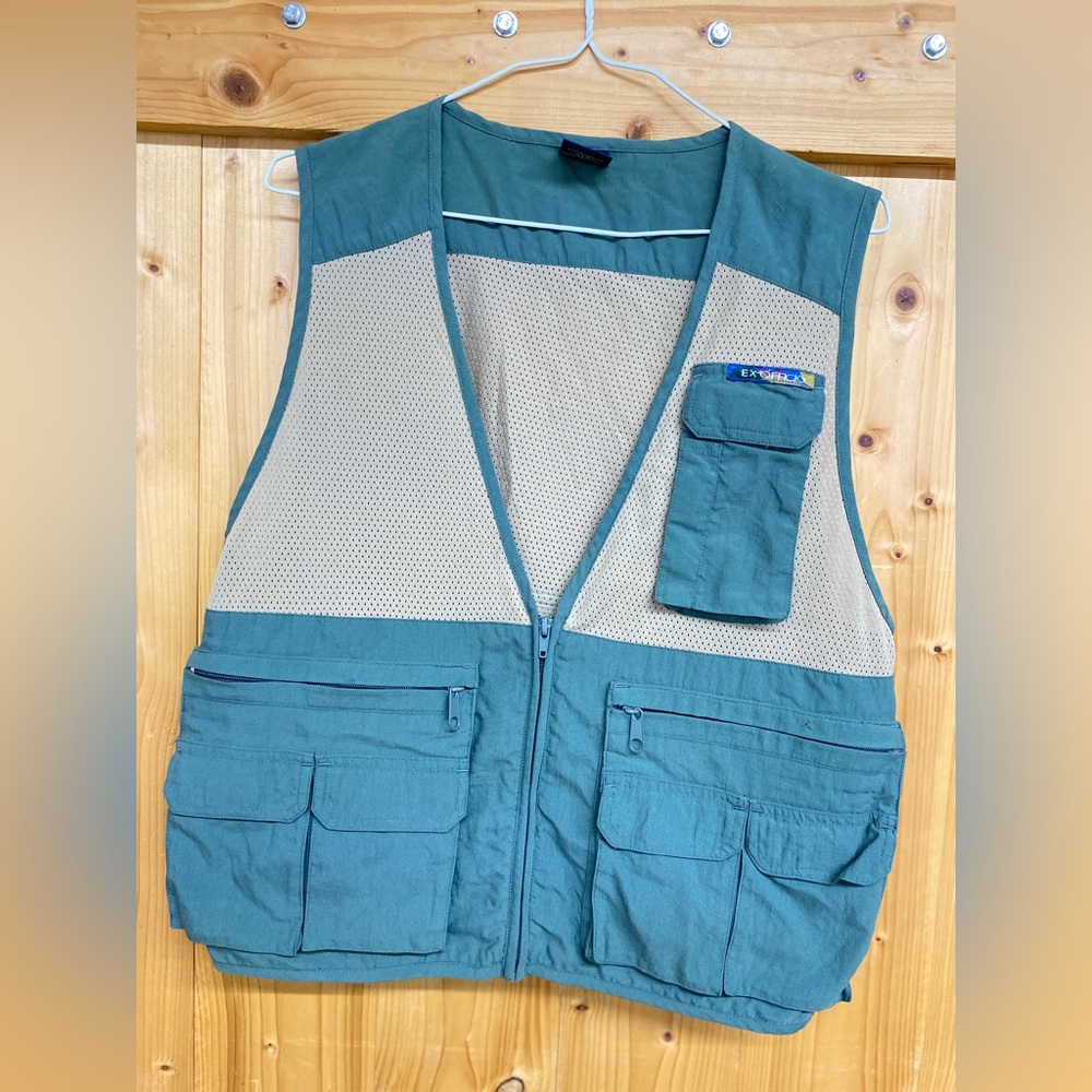 Vintage Ex Officio Teal Fishing Vest with Beige Mesh, Size Medium